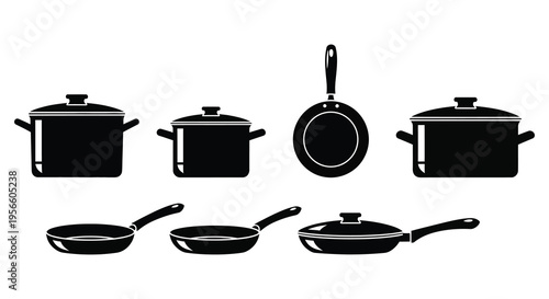 A collection of black cookware including pots pans and lids presented in a stark graphic silhouette high quality professional detailed modern