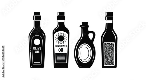 A collection of four oil bottles depicted in a stark black and white graphic rendered as a silhouette high quality professional detailed modern