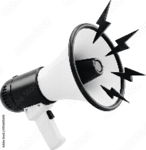 A halftone style graphic of a megaphone emitting stylized lightning bolts signifying loud sound Vector