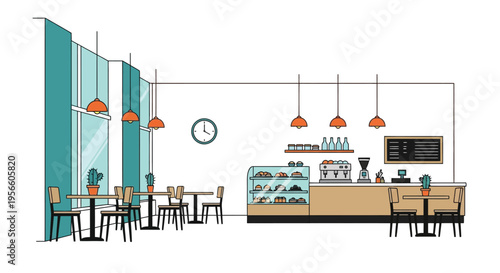 Simple illustration of a cozy cafe interior with tables and a counter