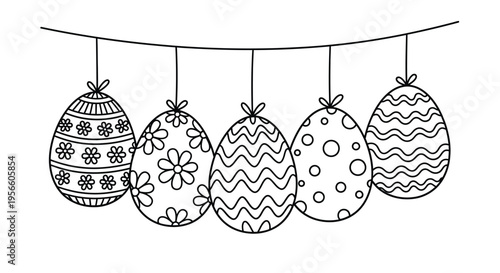 Hand drawn easter eggs hanging on a line black and white illustration