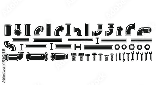 A collection of black pipe fittings including elbows tees and flanges presented in a stark silhouette high quality professional detailed modern