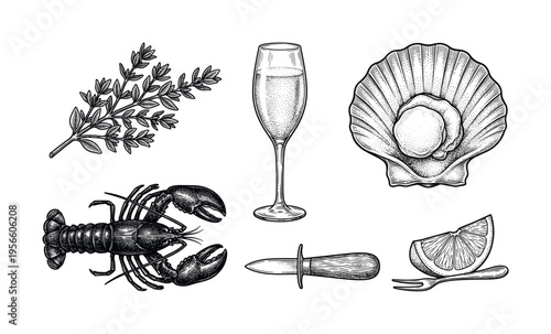 A vintage engraving style illustration set featuring seafood like lobster and scallop with champagne. Perfect for luxury restaurant menus, bar decor, or gourmet food branding.