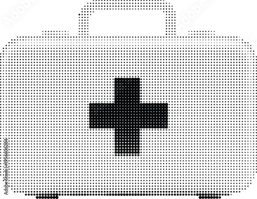 A minimalist halftone medical kit icon featuring a central cross symbol on a white background Vector