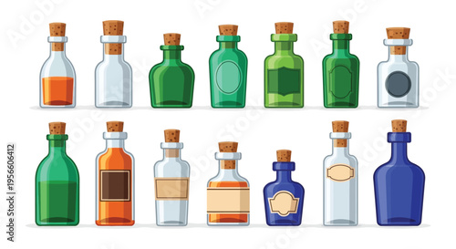 A colorful collection of vintage glass bottles with cork stoppers arranged neatly in a row silhouette high quality professional detailed
