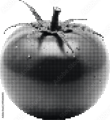A minimalist black and white halftone illustration of a single ripe tomato on a white background Vector