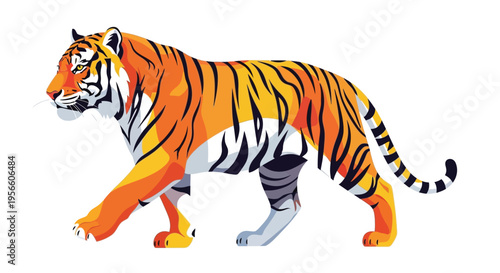 A vibrant stylized illustration of a majestic tiger in a prowling stance