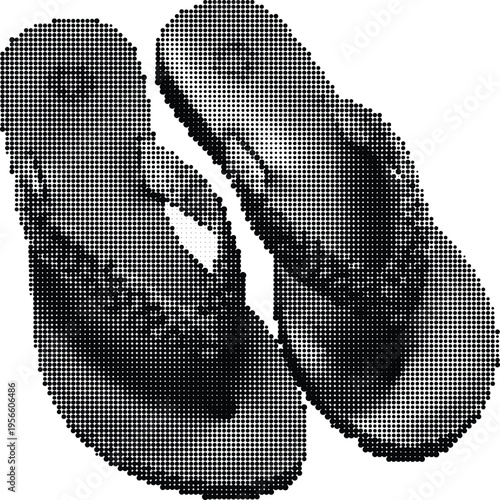 A pair of summer flip flops rendered in a minimalist black and white halftone dot pattern style Vector