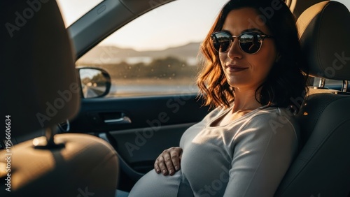 Pregnant woman in sunglasses looking out car window at sunset, touching her belly
