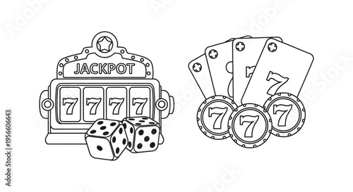 A black and white illustration of a jackpot machine playing cards dice and coins presented as a silhouette high quality professional