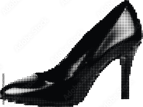 A black and white digital halftone illustration of a stylish women high heel shoe on white background Vector