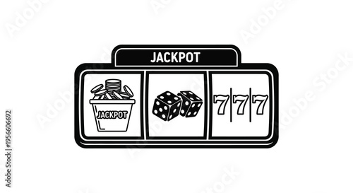 A black and white depiction of a jackpot slot machine with coins dice and sevens in silhouette high quality professional detailed