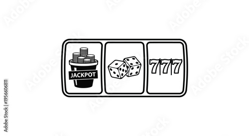 A black and white slot machine display featuring coins dice and jackpot symbols in a bold silhouette high quality professional detailed