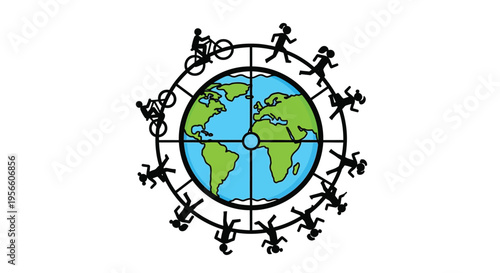 People and cyclists move around a globe representing environmental awareness