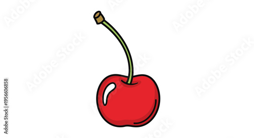 A simple colorful illustration of a single red cherry with a green stem