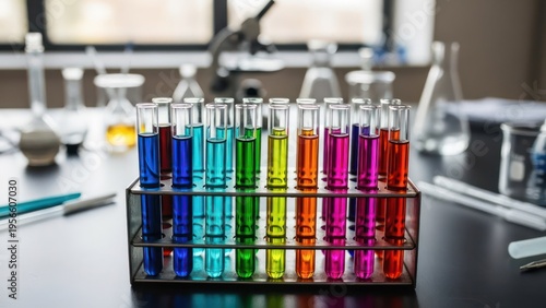 Rack of colorful test tubes in a lab, with scientific equipment in the blurred background