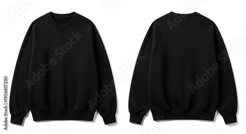 Front and back view of a classic black crewneck sweatshirt on a white backdrop offering style and design versatility for mockups and customization