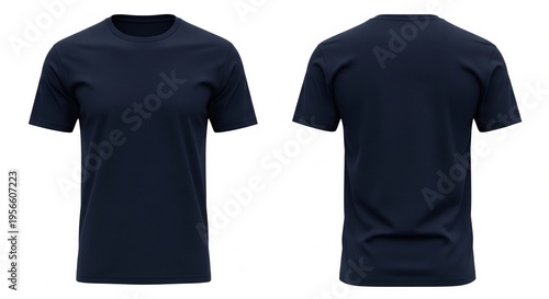 Front and back view of a classic navy blue cotton t-shirt on a white background showcasing its casual style and design details for apparel mockups