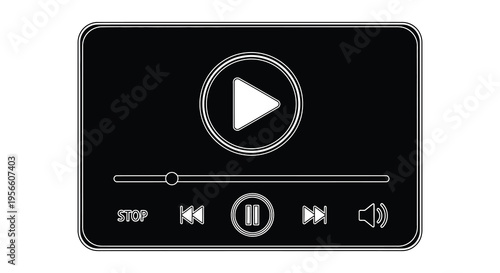 A black media player interface with play pause stop and volume controls presented as a clean silhouette high quality professional detailed