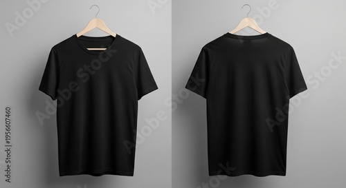 Front and back view of a plain black t-shirt on a wooden hanger against a neutral gray backdrop perfect for mockups and design templates
