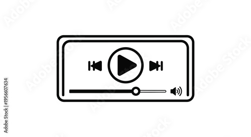 A minimalist black and white illustration of a media player interface with play pause and fast forward controls silhouette high quality professional