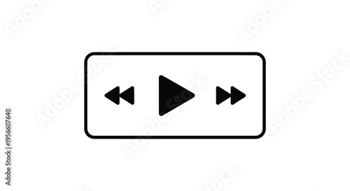 A stark black and white image depicts a play button surrounded by rewind and fast forward controls silhouette high quality professional