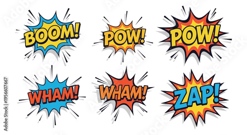 A collection of vibrant comic book explosion speech bubbles with onomatopoeia showcasing dynamic action and impact silhouette high quality professional detailed