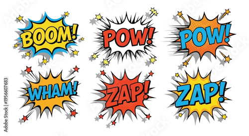 A vibrant collection of comic book speech bubbles displaying onomatopoeia with dynamic starburst effects silhouette high quality professional detailed modern