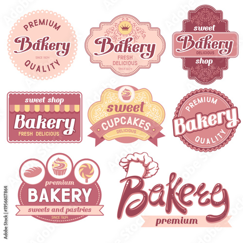 Charming vector collection of vintage bakery and pastry shop labels, with retro designs, decorative typography, and sweet food icons, ideal for confectionery branding and promotion