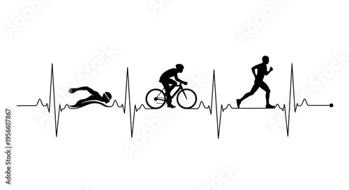 Triathletes transition through swimming, cycling, and running in a medical heartbeat line graph