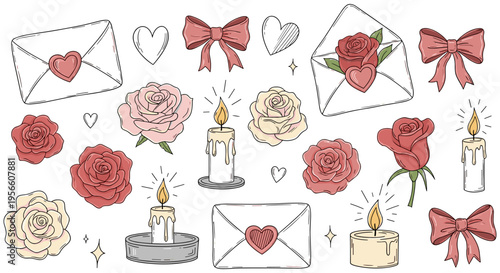 Valentines Day romantic illustration set with candles flowers hearts and bows in pastel colors for love greeting card