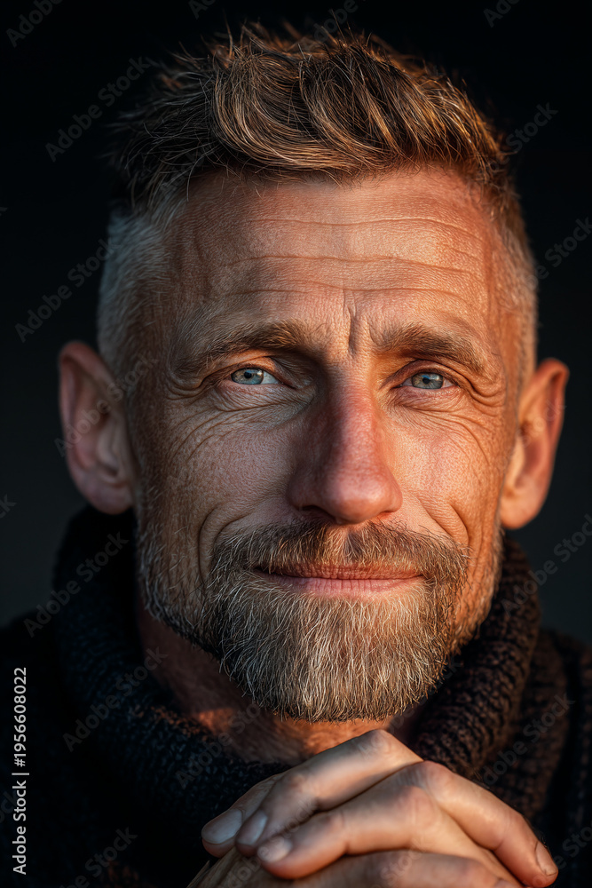 Obraz premium Confident middle aged man portrait in warm golden hour light with natural skin texture and calm expression