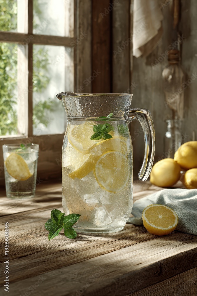 Fototapeta premium Close-up of a refreshing lemonade pitcher with mint and ice in bright natural light