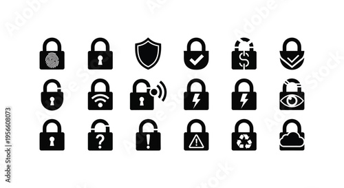 A collection of black lock icons a shield and other security related symbols in a stark silhouette high quality professional detailed modern