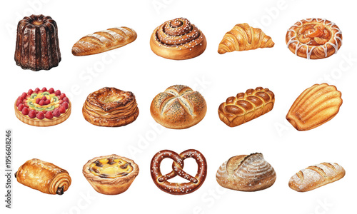 Watercolor collection of European bakery products and fresh bread set