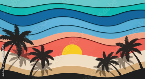 Paper Cut Style Tropical Beach Sunset with Palm Tree Silhouettes and Layered Ocean Waves Vector Illustration