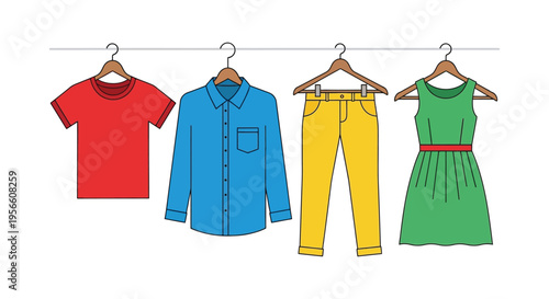 Colorful clothing items a red t shirt blue shirt yellow pants and green dress hang neatly on a rack silhouette