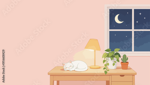 White cat sleeping on table with plants