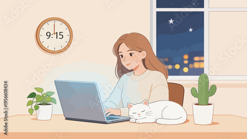 Woman working with cat on desk