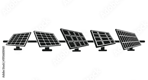 A row of five solar panels depicted in a stark black outline against a white background creating a strong silhouette