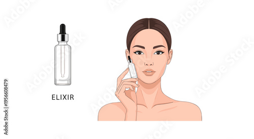 Woman applying serum in minimalist flat illustration for skincare advertising