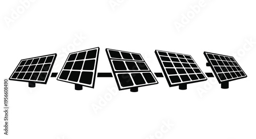 A row of five black solar panels depicted in a stark graphic style creating a bold silhouette high quality professional detailed