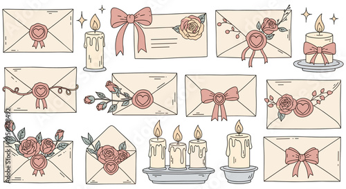 Vintage Valentines Day stationery set with red roses and candles in warm cozy lighting for love letter