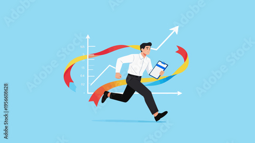 Businessman running with clipboard and graph
