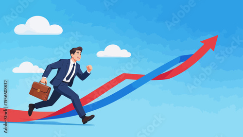 Businessman running on growth arrow