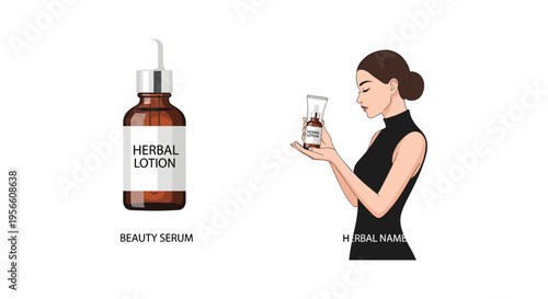 Woman holding amber glass bottle with herbal lotion in modern minimalist style with soft natural lighting for skincare advertising