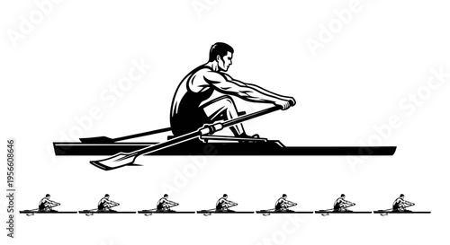 Man Rowing Boat on Water with Eight Oarsmen in Background