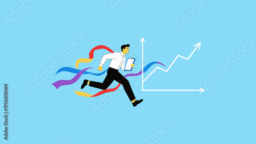 Businessman running with growth chart