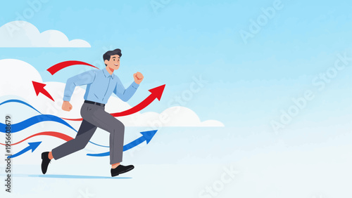 Man in suit running with arrows