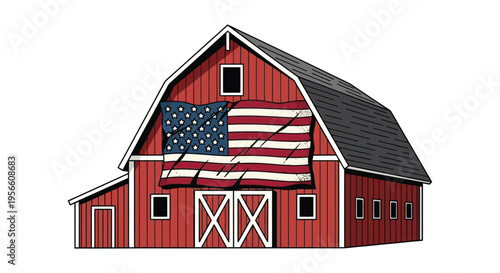 A vibrant red barn displays the american flag creating a patriotic scene with a striking silhouette high quality professional detailed modern